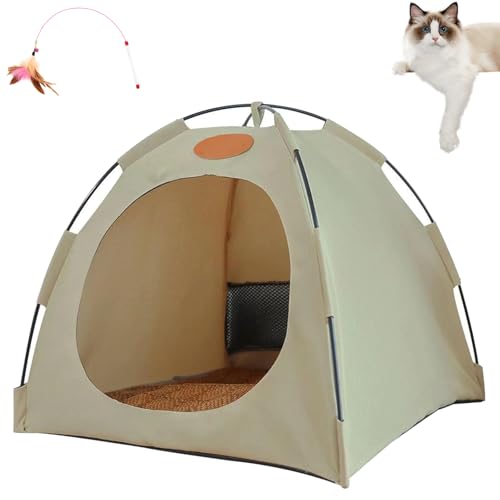 Katzen Kühlzelt, Kühlzelt Katze, Abnehmbares Zelt Mit Kühlender Bettmatte, Atmungsaktiv, Waschbar, Für Haustiere,Welpen, Faltbar, Für Drinnen Und Draußen (Beige, M) von Phqenzap