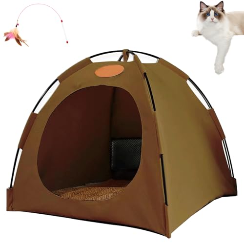Katzen Kühlzelt, Kühlzelt Katze, Abnehmbares Zelt Mit Kühlender Bettmatte, Atmungsaktiv, Waschbar, Für Haustiere,Welpen, Faltbar, Für Drinnen Und Draußen (Braun, M) von Phqenzap