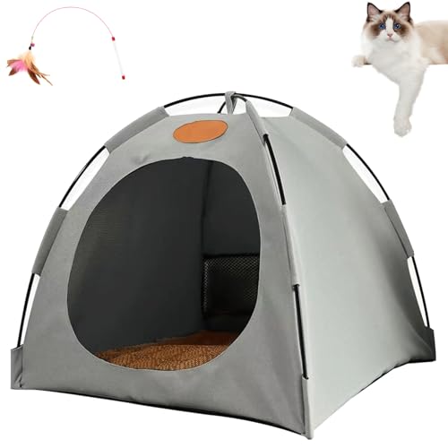 Katzen Kühlzelt, Kühlzelt Katze, Abnehmbares Zelt Mit Kühlender Bettmatte, Atmungsaktiv, Waschbar, Für Haustiere,Welpen, Faltbar, Für Drinnen Und Draußen (Grau, M) von Phqenzap