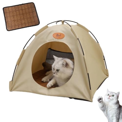Katzen Kühlzelt, Pfoten-Bedarf Premium Katzen Kühlzelt, Faltbares Katzenzelt Mit Sonnenschutz – Atmungsaktives Haustierzelt Für Balkon, Terrasse, Garten & Reisen (Beige, L:<8kg) von Phqenzap