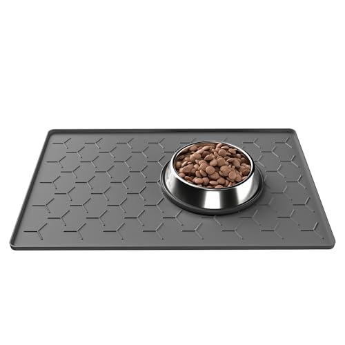 Pieviev Futtermatte für Hunde u. Katzen, Silikon lebensmittelechte Futternapf Unterlage 61 x 41 cm, wasserdichte rutschfeste Haustierfutter Matte, Fressnapf Unterlage mit erhöhtem Rand, Dunkelgrau von Pieviev