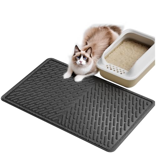 Pieviev Katzenstreu Matte 76×58cm, Wasserdichte Katzenmatte für Katzentoilette, Strukturierte Katzenklo Unterleger zum Auffangen von Streu, Rutschfeste XL Katzenstreumatte, Leicht zu Reinigen, Schwarz von Pieviev