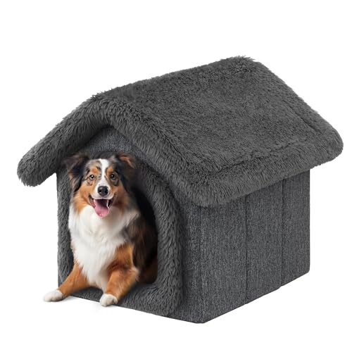 PillowPrim Haustierhütte Hundehaus Höhle Hundehütte Katzenhütte Hundehöhle Katzenhaus Hundekissen Katzenkissen Flauschiges Haus, Schwarz mit Grau, 46x52x53 cm von PillowPrim