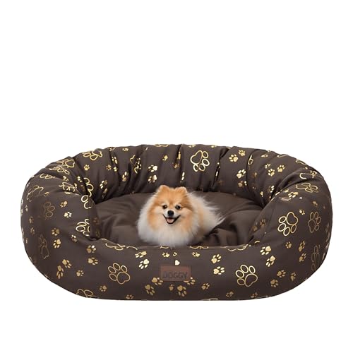PillowPrim Hundebett | Hundekörbchen für kleine, mittelgroße und große Hunde | Hundekissen | Hundesofa | EInfach zu reinigen | L - 76x59 cm | Braun mit Pfoten von PillowPrim