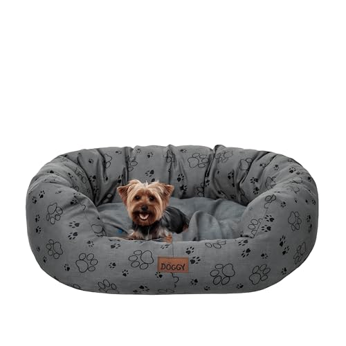 PillowPrim Hundebett | Hundekörbchen für kleine, mittelgroße und große Hunde | Hundekissen | Hundesofa | EInfach zu reinigen | L - 76x59 cm | Graphit mit Pfoten von PillowPrim