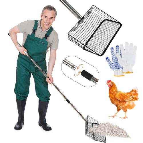 Pilviset Hühnerkotschaufel, 25,4 cm, schweres Metall, 4-in-1 Streusieb mit 90,4 cm – 157,5 cm verstellbarem Edelstahlgriff, ideal für Hühnerställe, Haustier-Abfallband, Bauernhofreinigung von Pilviset