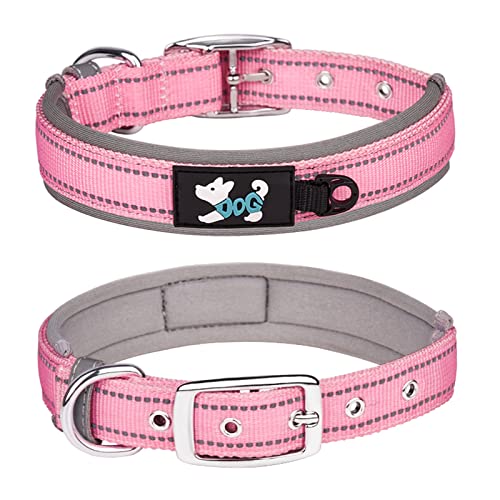 Pimaodog Bequemes weiches Neopren gepolstertes Hundehalsband, reflektierendes Haustierhalsband, verstellbares, strapazierfähiges Nylon-Hundehalsband für alle Rassen große Hunde (M, Pink-1) von Pimaodog