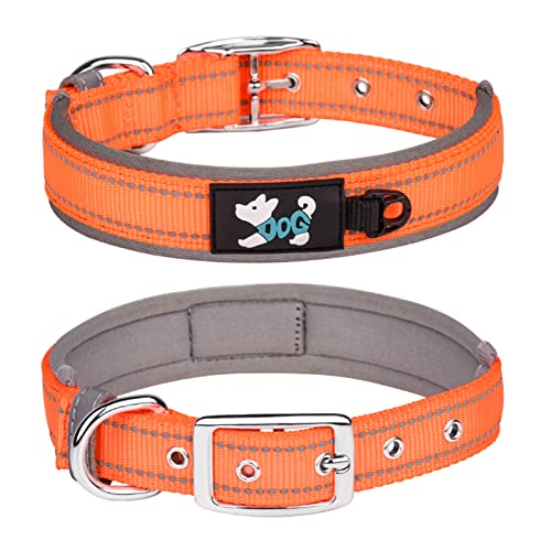Pimaodog Bequemes weiches Neopren gepolstertes Hundehalsband, reflektierendes Haustierhalsband, verstellbares, strapazierfähiges Nylon-Hundehalsband für alle Rassen große Hunde (S, Orange-1) von Pimaodog