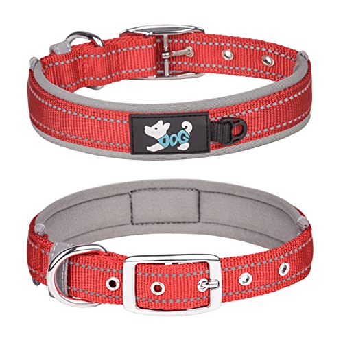 Pimaodog Bequemes weiches Neopren gepolstertes Hundehalsband, reflektierendes Haustierhalsband, verstellbares, strapazierfähiges Nylon-Hundehalsband für alle Rassen große Hunde (XL, Rot-1) von Pimaodog