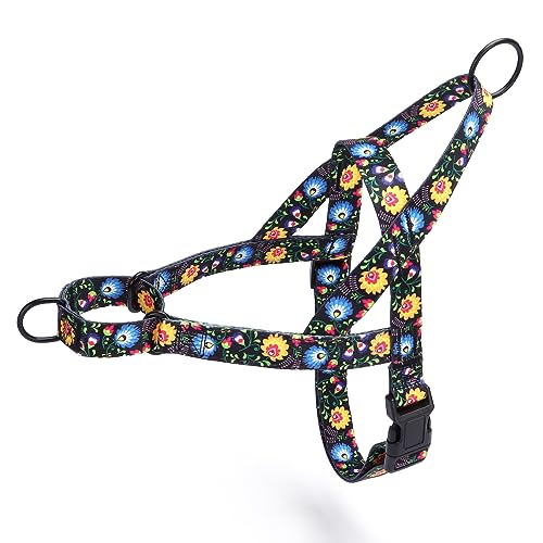 Pimaodog Hundegeschirr ohne Ziehen, Blumenmuster für Damen, Sicherheits-Nylon-Trainingshalsband für kleine, mittelgroße und große Hunde (M, Schwarz) von Pimaodog