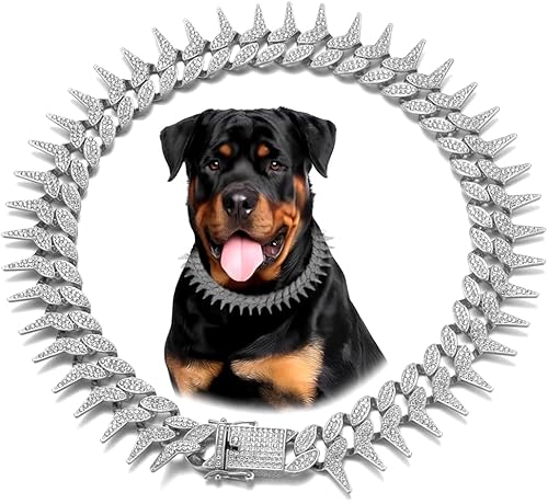 Pimaodog Hundehalsband, seitliche Spike-Stil, Halskette, glitzernd, kubanische Glieder-Hundehalsband, Glitzer-Strass, Welpenhalsband für kleine, mittelgroße und große Haustiere, Silber, 35,6 cm Pimaodog Hundehalsband, seitliche Spike-Stil, Halskette, glitzernd, kubanische Glieder-Hundehalsband, Glitzer-Strass, Welpenhalsband für kleine, mittelgroße und große Haustiere, Silber, 35,6 cm von Pimaodog