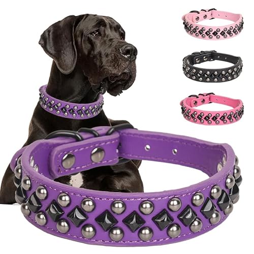 Pimaodog Hundehalsband aus PU-Leder mit Nieten für kleine, mittelgroße und große Hunde, Pitbull, Mastiff, Labrador, Boxer, Rottweiler, Deutscher Schäferhund (Lila, XL) von Pimaodog