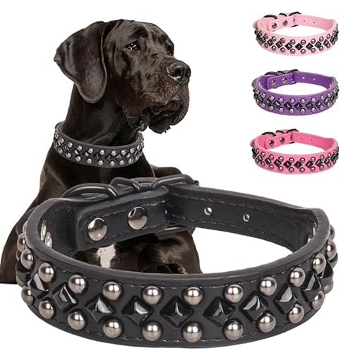 Pimaodog Hundehalsband aus PU-Leder mit Nieten für kleine, mittelgroße und große Hunde, Pitbull, Mastiff, Labrador, Boxer, Rottweiler, Deutscher Schäferhund (Schwarz, M) von Pimaodog