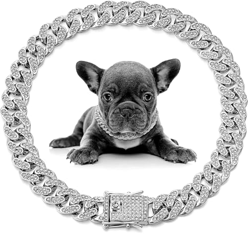 Pimaodog Hundehalsband mit Glitzer-Strasssteinen und glitzernden Diamanten, Metallhalskette, kubanische Glieder-Katzenhalsbänder für kleine, mittelgroße und große Haustiere, Hunde, Welpen, Silber, Pimaodog Hundehalsband mit Glitzer-Strasssteinen und glitzernden Diamanten, Metallhalskette, kubanische Glieder-Katzenhalsbänder für kleine, mittelgroße und große Haustiere, Hunde, Welpen, Silber, von Pimaodog