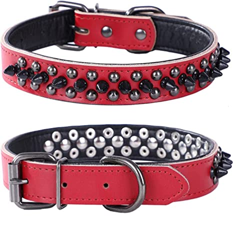 Pimaodog Hundehalsband mit Nieten, echtes Leder, verstellbare Hundehalsbänder für kleine oder mittelgroße Haustiere (M, Rot) von Pimaodog