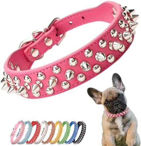 Pimaodog Hundehalsband mit Nieten, verstellbar, weiches Leder, Welpenhalsband für kleine, mittelgroße Hunde, Bulldogge, Pitbull, Mastiff, Pudel, Boxer (XS, Hot Pink) von Pimaodog
