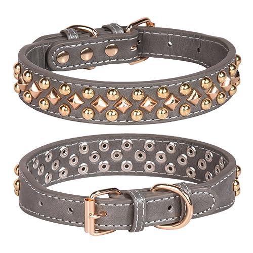 Pimaodog Hunde Halsbänder, Halsband Leder, Hundehalsband mit Nieten, verstellbares weiches Leder Welpenhalsband für kleine mittelgroße Hunde, Bulldogge, Pitbull, Mastiff, Pudel, Boxer (M, Grau3) von Pimaodog