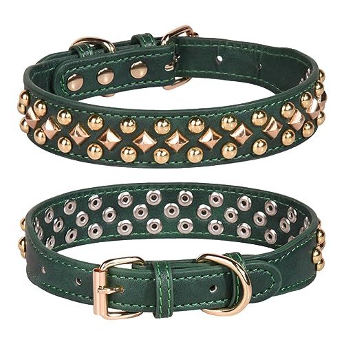 Pimaodog Hundehalsband mit Nieten, verstellbares weiches Leder Welpen Halsband für kleine mittelgroße Hunde, Bulldogge, Pitbull, Mastiff, Pudel, Boxer (M, Grün3) von Pimaodog