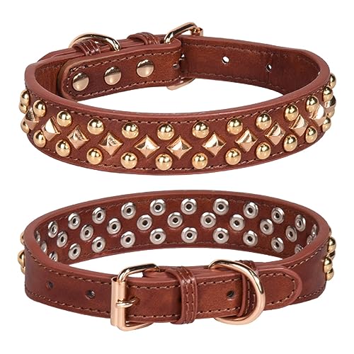 Pimaodog Hundehalsband mit Nieten, verstellbares weiches Leder Welpenhalsband für kleine mittelgroße Hunde, Bulldogge, Pitbull, Mastiff, Pudel, Boxer (S, Braun3) von Pimaodog