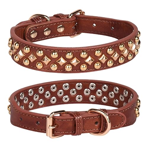 Pimaodog Hundehalsband mit Nieten, verstellbares weiches Leder Welpenhalsband für kleine mittelgroße Hunde, Bulldogge, Pitbull, Mastiff, Pudel, Boxer (XS, Braun3) von Pimaodog