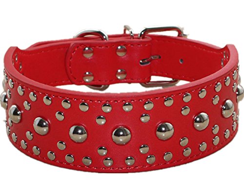 Pimaodog Hundehalsband mit Nieten aus Leder, für mittelgroße und große Hunde, Pitbull Dobermann (L: 48,3–55,9 cm, Rot) von Pimaodog