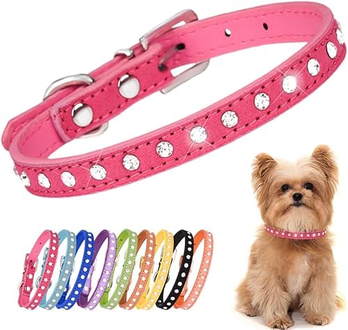 Pimaodog Hundehalsband mit Strass, Wildleder, Kristall, Diamanten, bunt, glitzernd, für Mädchen, Welpen, Katzen, Größe XS, kleine Haustiere (S, Hot Pink) von Pimaodog
