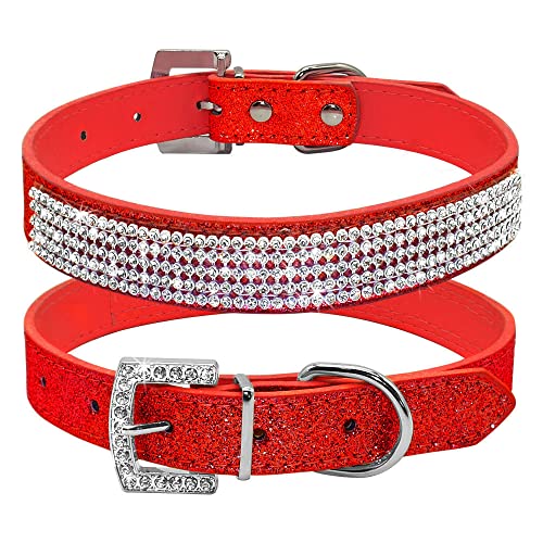 Pimaodog Hundehalsband mit Strasssteinen, niedlich, schillernd, funkelnd, Leder, für Hunde und Katzen, Strass-Halsband mit Kristalldiamanten (S: 21–27 cm, Rot 1) von Pimaodog