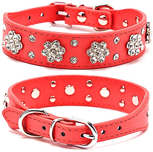 Pimaodog Hundehalsband mit Strasssteinen, niedliches Blumen-Strass, für Katzen, Hunde, Halsband aus PU-Leder, verstellbare Größen, S, M, L (M: 26–32 cm, Rot) von Pimaodog