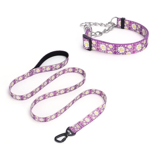 Pimaodog Martingale Hundehalsband, 1,5 m lange Hundeleine, gepolstert, Schlupfhalsband und Leine, Set mit Gänseblümchen-Blumen-Design, Edelstahlkette, modifiziertes Cinch-Halsband (lila, Größe M) von Pimaodog