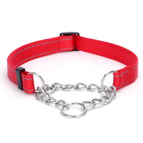 Pimaodog Martingale Hundehalsband mit Edelstahlkette, Martingalhalsband mit Reflektierenden, Einstellbar für Mittlere Große Hunde (L, Rot) von Pimaodog