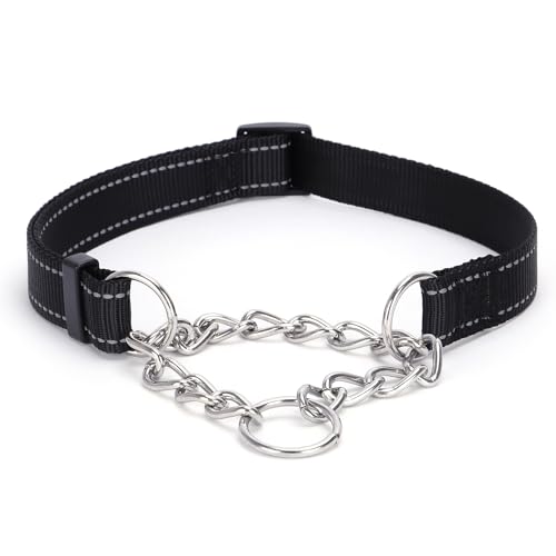 Pimaodog Martingale Hundehalsband mit Edelstahlkette, Martingalhalsband mit Reflektierenden, Einstellbar für Mittlere Große Hunde (L, Schwarz) von Pimaodog
