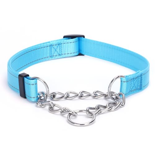 Pimaodog Martingale Hundehalsband mit Edelstahlkette, Martingalhalsband mit Reflektierenden, Einstellbar für mittelgroße große Hunde (M, Hellblau) von Pimaodog