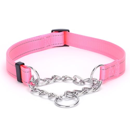 Pimaodog Martingale Hundehalsband mit Edelstahlkette, Martingalhalsband mit Reflektierenden, Einstellbar für mittelgroße große Hunde (S, Rosa) von Pimaodog