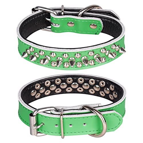 Pimaodog Spiked Hundehalsband, Echtleder Hundehalsband, Verstellbare Haustierhalsbänder für kleine oder mittelgroße Haustiere (L, Grün-2) von Pimaodog