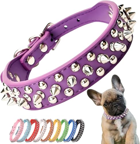 Pimaodog Spiked Hundehalsband, Verstellbares Weiches Leder Welpenhalsband für Kleine Mittlere Hunde Bulldogge Pitbull Mastiff Pudel Boxer (L, Lila) von Pimaodog
