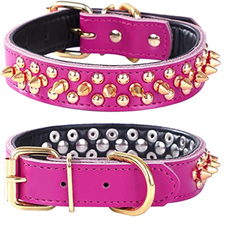 Pimaodog Spiked Nieten-Hundehalsband, Echtleder-Hundehalsband, verstellbare Haustierhalsbänder für kleine oder mittelgroße Haustiere (L, Hot Pink) von Pimaodog