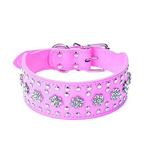 Pimaodog Strass-Hundehalsband, Blumenmuster, Strasssteine, glitzernde Kristalldiamanten, schillernd, ausgefallenes PU-Leder-Hundehalsband für mittelgroße und große Hunde (L: 48.3–55.9 cm, Hot Pink) von Pimaodog