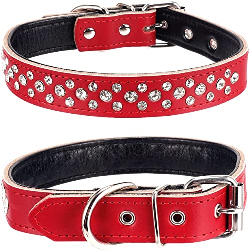 Pimaodog Strass-Hundehalsband, verstellbar, glitzernd, mit Nieten aus echtem Leder, für kleine und mittelgroße Hunde (M, Rot) von Pimaodog