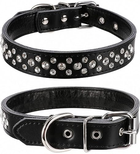 Pimaodog Strass-Hundehalsband, verstellbar, glitzernd, mit Nieten aus echtem Leder, für kleine und mittelgroße Hunde (S, Schwarz) von Pimaodog