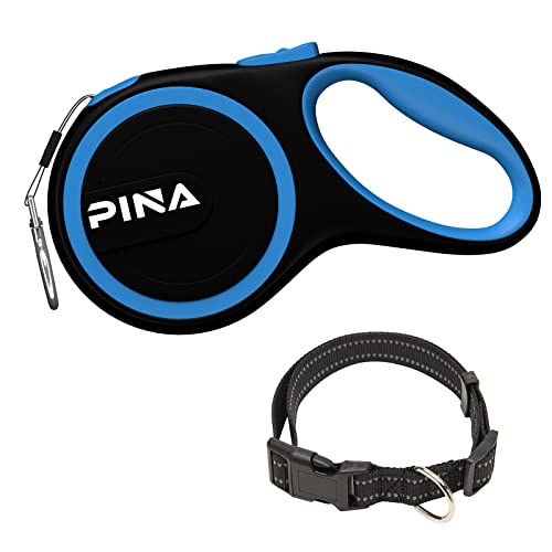 PINA Verbesserte einziehbare Hundeleine, 4.9 m starkes Anti-Biss-Nylonband für kleine, mittelgroße Hunde bis zu 25 kg, Ein-Knopf-Verschluss und Entriegelung, Schwarz / Blau von Pina