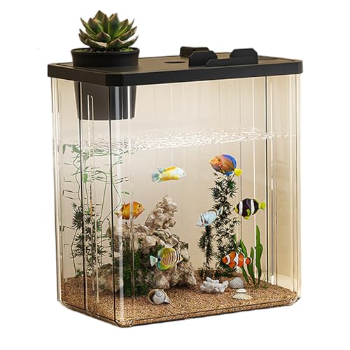 Desktop-Aquarium, Fischtank 9x6x10in Hochübertragung Desktop Aquarium Abnehmbarer Deckel mit Blumentopf und Telefonhalter für Zuhause, Büro, Tischdekoration von Pineeseatile