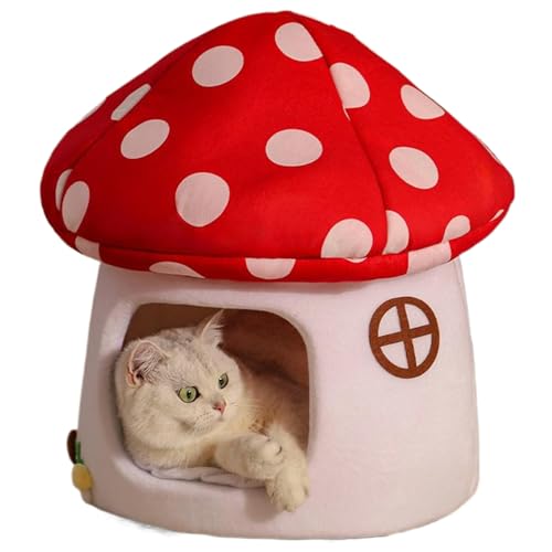 Süßes Katzenbett, Pilzkatze Bettweich warm warm niedliche Cartoon Pilz Kuh Form Häuser mit abnehmbarem Kissen Kissen für Innenkatzen kleine Hunde von Pineeseatile
