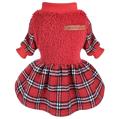 Herbst-Hundekleid, kariert, Hundepullover, Kleid, warm, weiches Fleece, Hundepullover, Winter, Haustiermantel, Kleidung für kleine Hunde, Mädchen, Weihnachten, Hundekleid, Weihnachtskleid, Rot, S von PinkBow