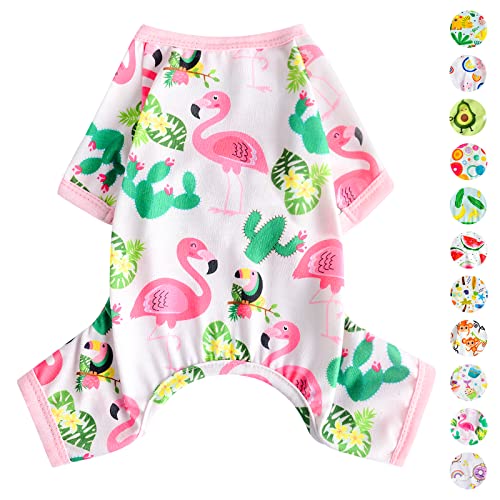 Hunde-Pyjama, Frühlingssommer, Hundekleidung für kleine Hunde, Mädchen – Junge – mittelgroße Hunde, weich, dehnbar, Welpenkleidung, Einteiler, Katze, Haustier, Jammies Outfit (tropischer Flamingo, von PinkBow