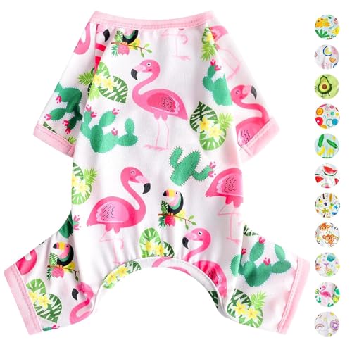 Hunde-Schlafanzug für Frühling und Sommer, Hundekleidung für kleine Hunde, Mädchen – Junge – mittelgroße Hunde, weiche, Katzen-Haustier-Jammies-Outfit (tropischer Flamingo, Größe M) von PinkBow