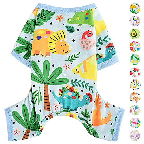 Hunde-Schlafanzug für Frühling und Sommer, Hundekleidung für kleine Hunde, Mädchen – Junge – mittelgroße Hunde, weiche, dehnbare Welpenkleidung, Jammies-Outfit (Dinosaurierblau, XX-Large) von PinkBow