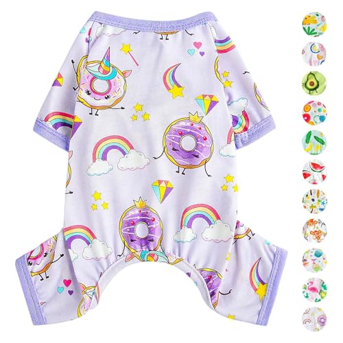 Hunde-Schlafanzug für Frühling und Sommer, Hundekleidung für kleine Hunde, Mädchen – Junge – mittelgroße Hunde, weiche, dehnbare Welpenkleidung, Jammies-Outfit (Donut-Violett, Größe XS) von PinkBow