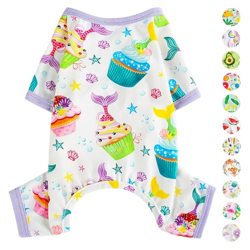 Hunde-Schlafanzug für Frühling und Sommer, Hundekleidung für kleine Hunde, Mädchen – Junge – mittelgroße Hunde, weiche, dehnbare Welpenkleidung, Katzen-Haustier-Jammies-Outfit (Kuchenviolett, klein) von PinkBow