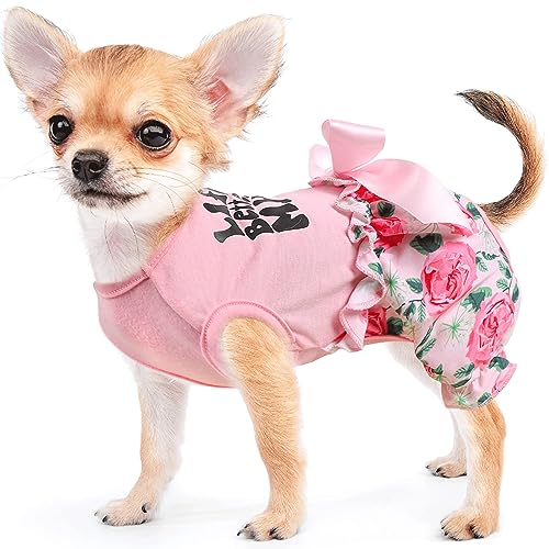 Hundekleidung für kleine Hunde und Mädchen, Blumenmuster, Einteiler, lustiges Haustier-Shirt, Hunde-Overall, Hose, Welpenkleidung, Pyjama, Jumpsuit, XL, Rosa, weibliche Hundekleidung für Hunde, 6,8–9 von PinkBow