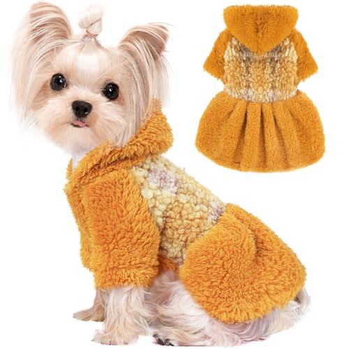 Fleece-Hundekleider für kleine Hunde und Mädchen, Hundepullover, Kapuzenpullover, Winter-Mädchen, Hundekleidung, Haustierkleidung, Chihuahua-Kleidung, Hunde-Outfits (S, Gelb) von PinkTie